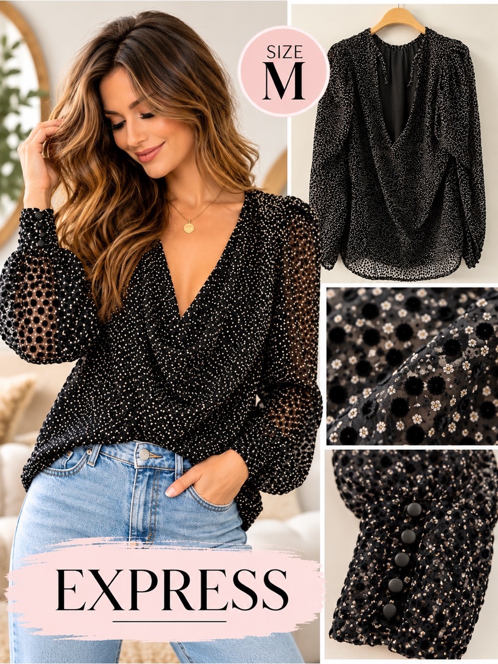 Express Women's Velvet Polka Dot Deep V-Back Blouse